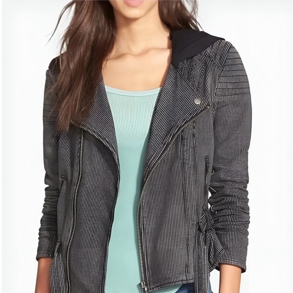 Free People Pinstripe Hooded Knit Moto Jacket in Charcoal Stripes Y2K Size Small - Picture 1 of 13